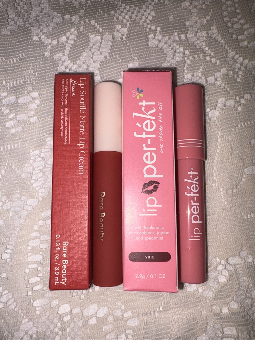 Rare Beauty Lip Soufflé in Brave and Lip Per-fekt Lip Crayon in Vine Duo